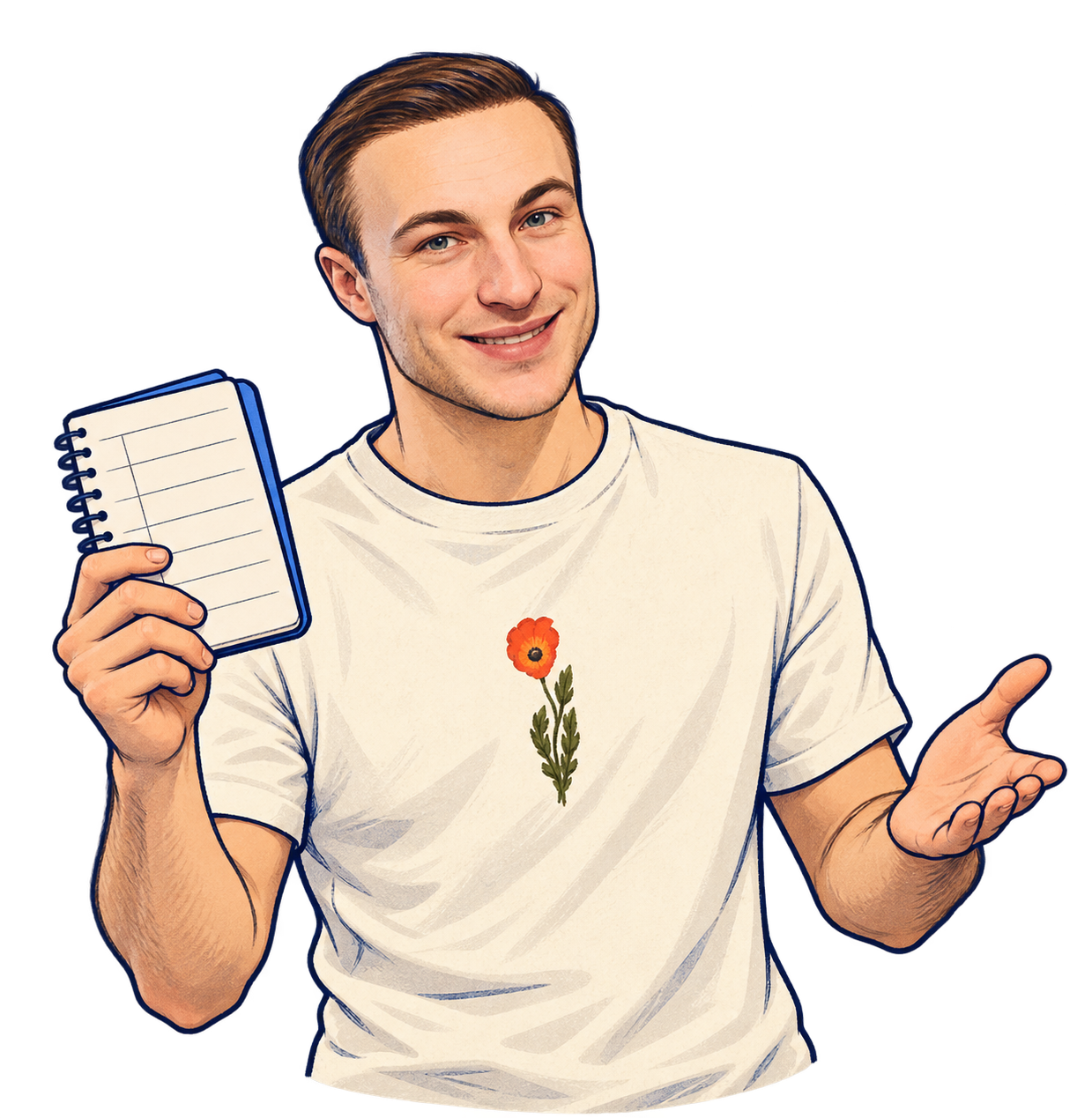 Luca als freundliche Cartoonfigur mit Kalender